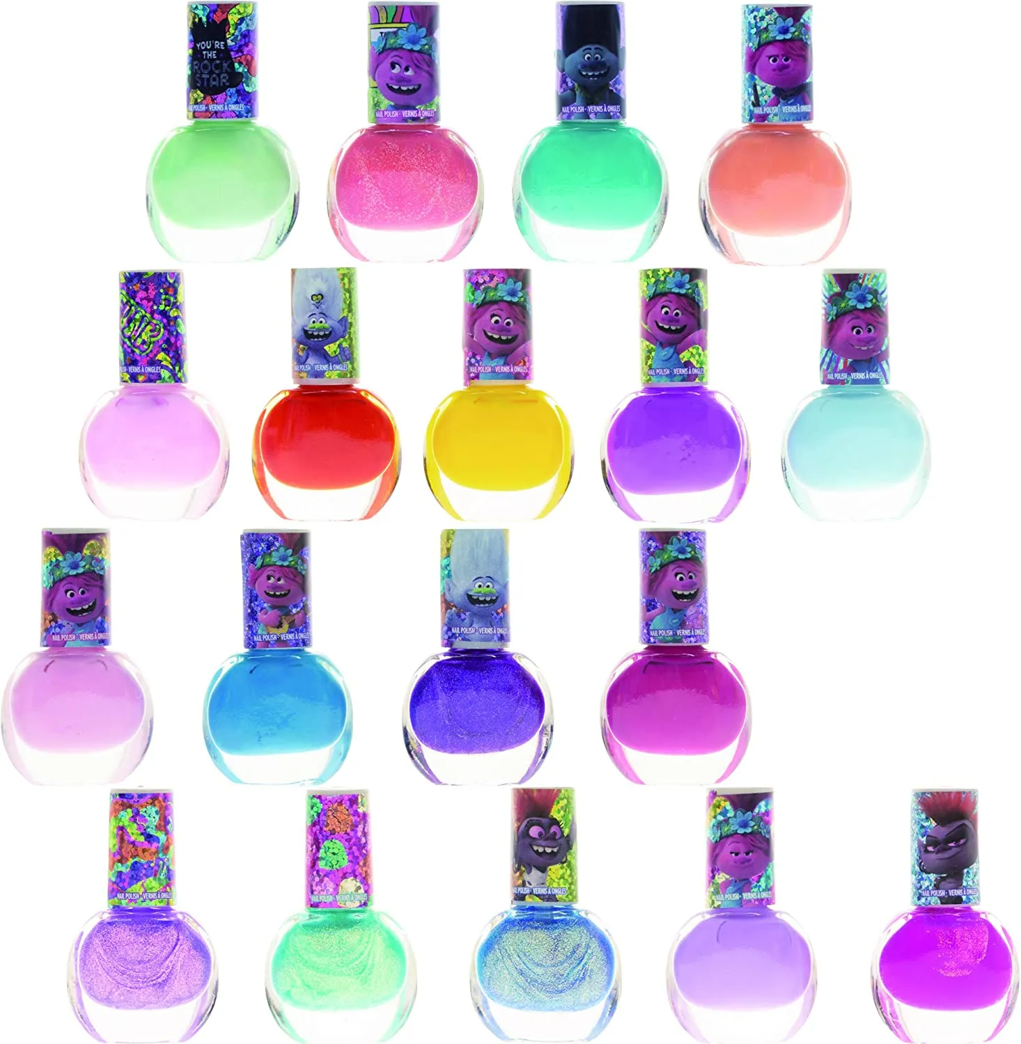 Dreamworks Trolls Non-Toxic Peel-Off Nail Polish, Deluxe Set for Kids, some with Glitter