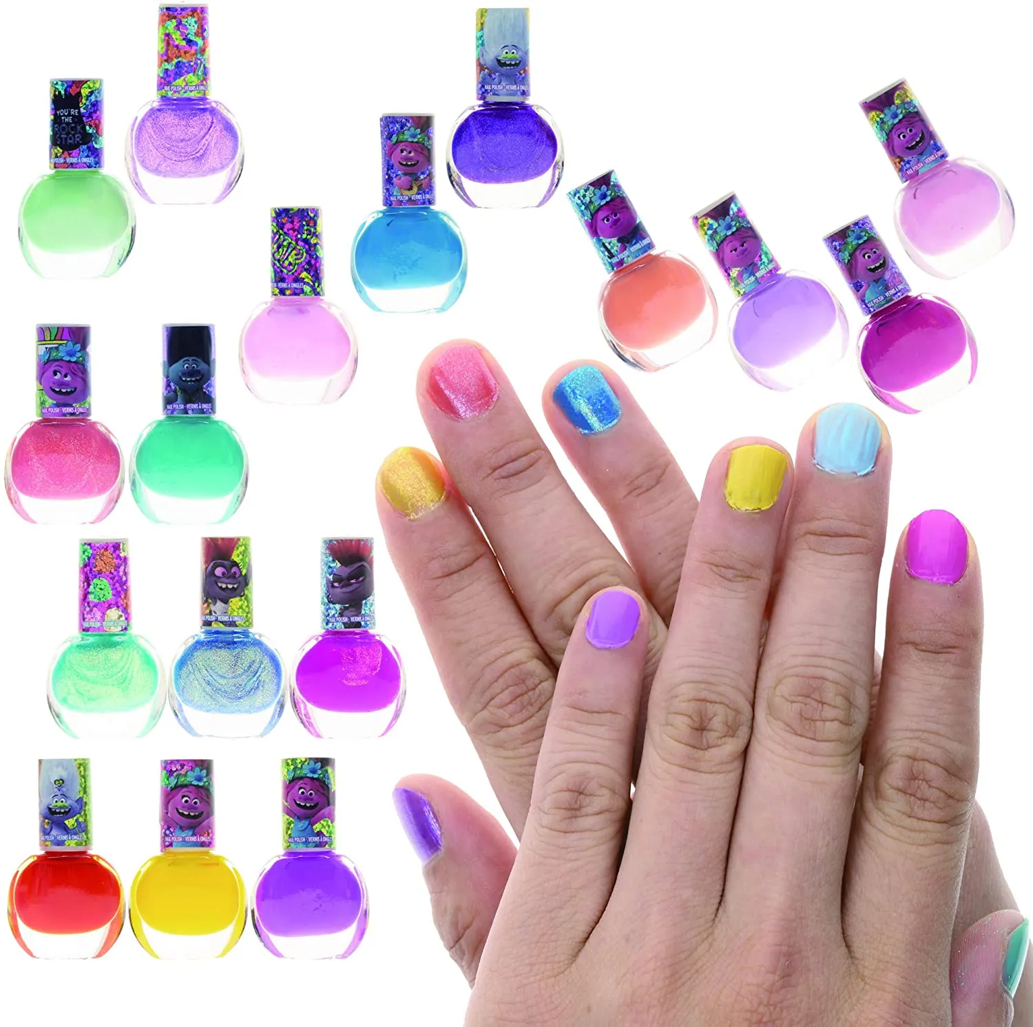 Dreamworks Trolls Non-Toxic Peel-Off Nail Polish, Deluxe Set for Kids, some with Glitter