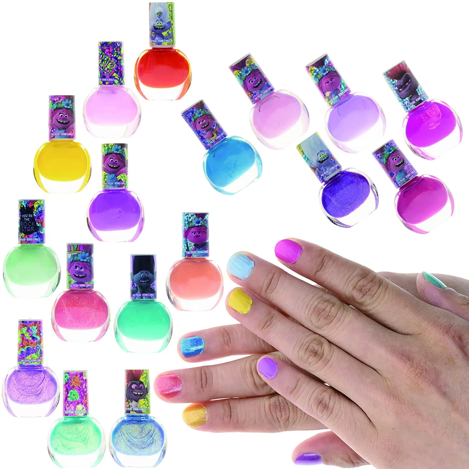 Dreamworks Trolls Non-Toxic Peel-Off Nail Polish, Deluxe Set for Kids, some with Glitter